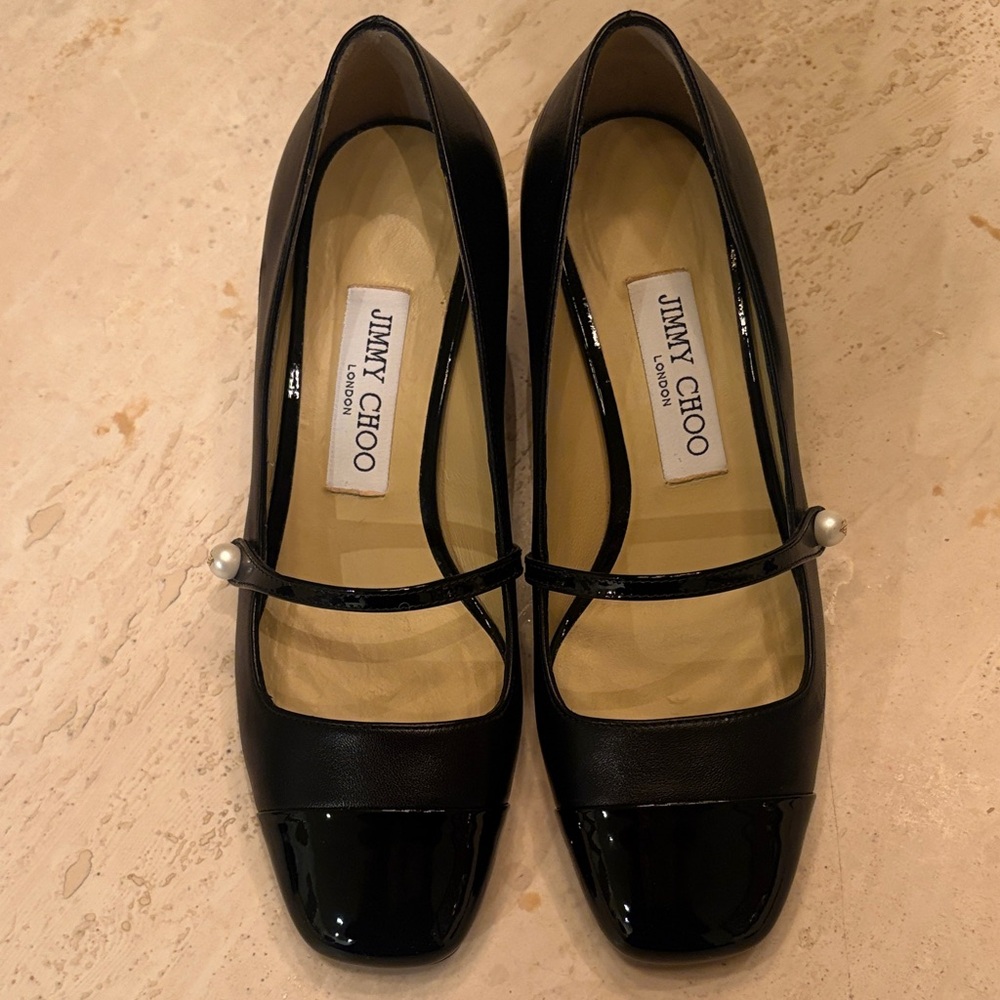 Jimmy Choo Black calf leather shoes with black patent cap toe. NEW